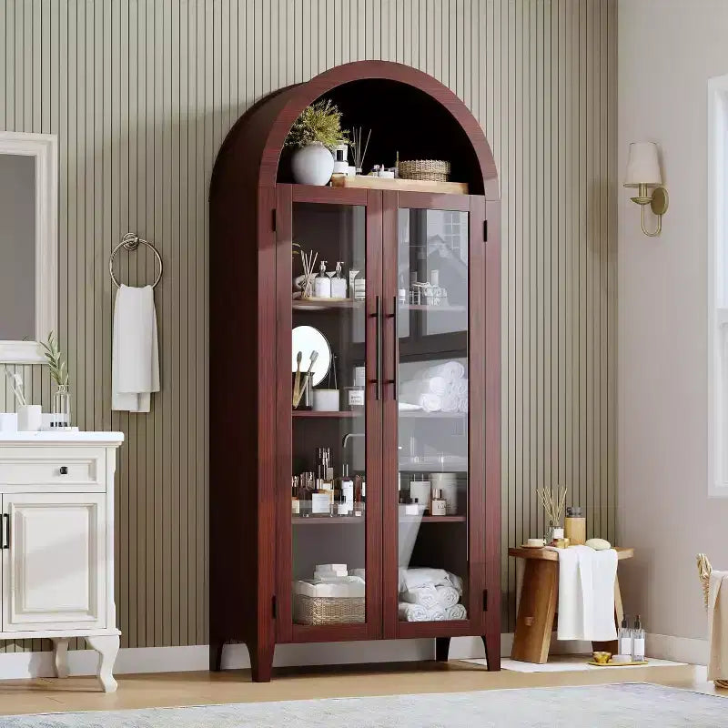 Armadietto da dispensa alto 63 pollici ad arco con ante in vetro, libreria moderna a 5 ripiani con ripiani regolabili, armadietto in legno in stile rustico