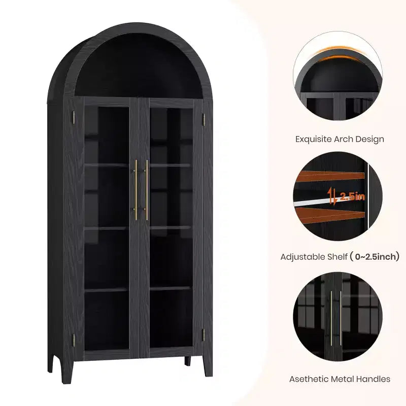 Armadietto da dispensa alto 63 pollici ad arco con ante in vetro, libreria moderna a 5 ripiani con ripiani regolabili, armadietto in legno in stile rustico