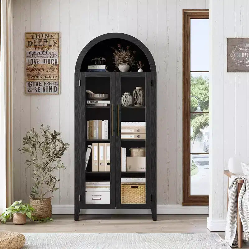 Armadietto da dispensa alto 63 pollici ad arco con ante in vetro, libreria moderna a 5 ripiani con ripiani regolabili, armadietto in legno in stile rustico