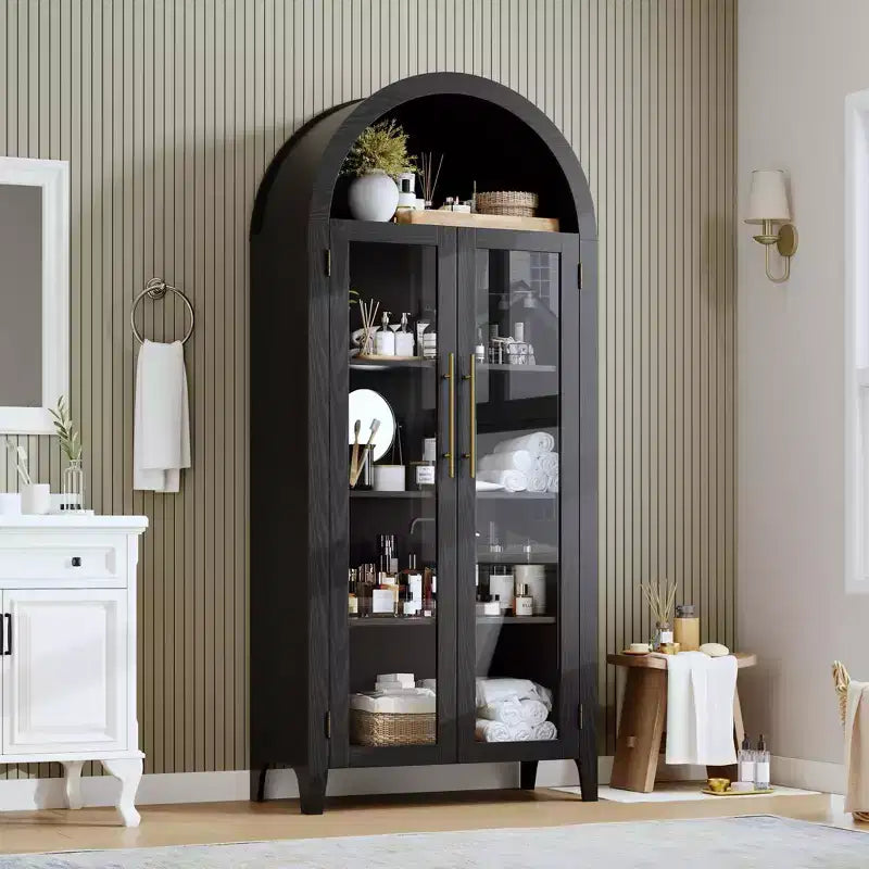 Armadietto da dispensa alto 63 pollici ad arco con ante in vetro, libreria moderna a 5 ripiani con ripiani regolabili, armadietto in legno in stile rustico