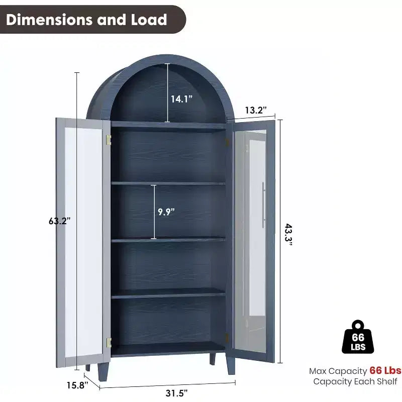 Armadietto da dispensa alto 63 pollici ad arco con ante in vetro, libreria moderna a 5 ripiani con ripiani regolabili, armadietto in legno in stile rustico