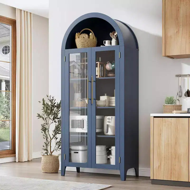 Armadietto da dispensa alto 63 pollici ad arco con ante in vetro, libreria moderna a 5 ripiani con ripiani regolabili, armadietto in legno in stile rustico