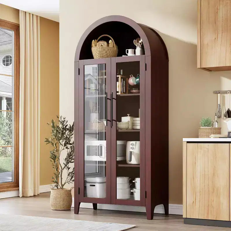 Armadietto da dispensa alto 63 pollici ad arco con ante in vetro, libreria moderna a 5 ripiani con ripiani regolabili, armadietto in legno in stile rustico