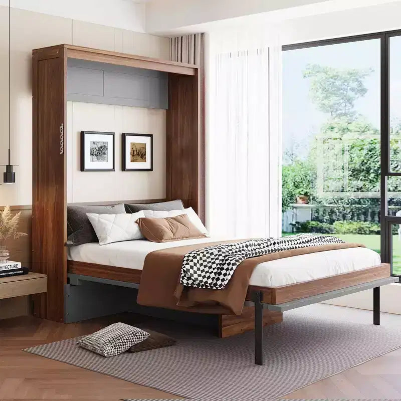 Letto a scomparsa a grandezza naturale, Letto a scomparsa in legno con scrivania pieghevole, Letto a muro pieghevole per ufficio o camera degli ospiti
