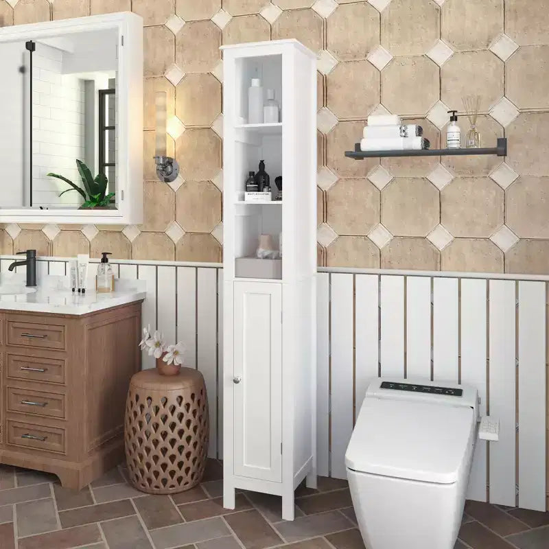 JVNOXK Mobiletto da bagno alto 170 cm con ripiani regolabili, unità a porta singola autoportante, design anti-ribaltamento, adatto per bagni, bianco