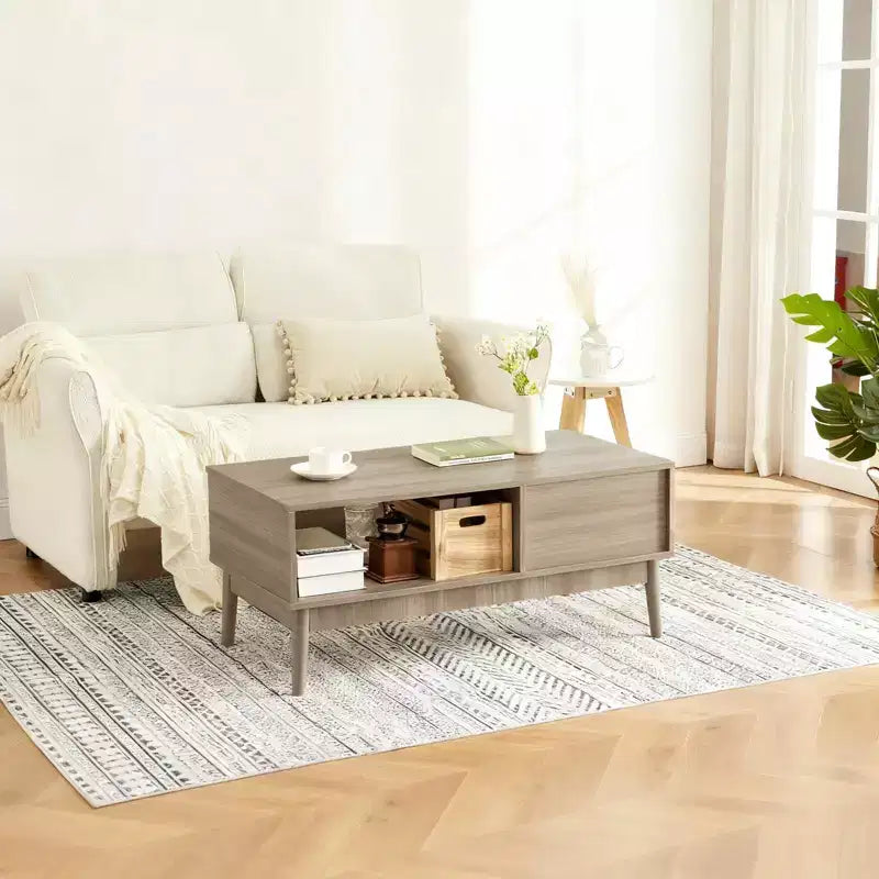 39.4 Tavolino da Salotto Modern Farmhouse C Legno Naturale, Design Rustico Scanalato in MDF con Ripiano Aperto e Cassetto C Perfetto per il Soggiorno (Confezione da 1)