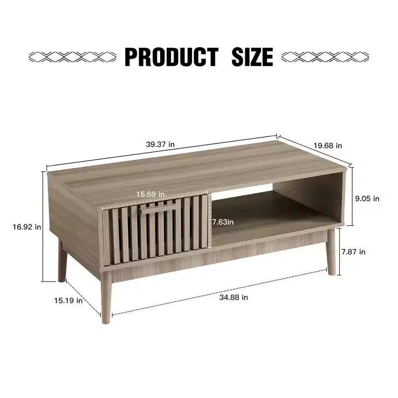 39.4 Tavolino da Salotto Modern Farmhouse C Legno Naturale, Design Rustico Scanalato in MDF con Ripiano Aperto e Cassetto C Perfetto per il Soggiorno (Confezione da 1)