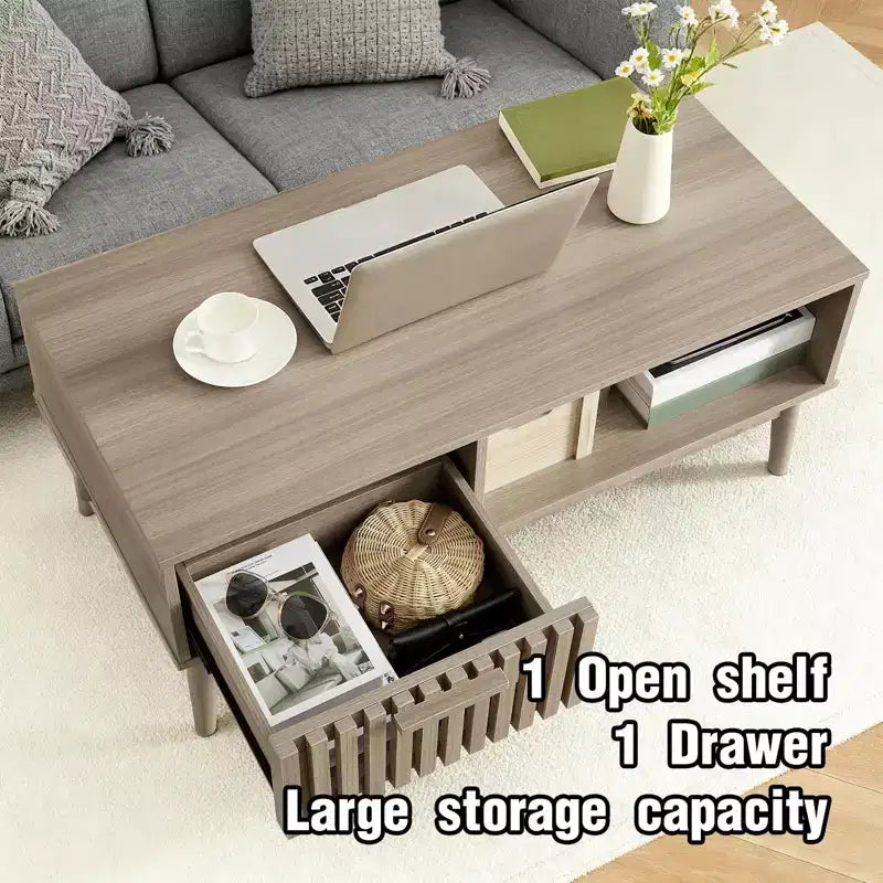 39.4 Tavolino da Salotto Modern Farmhouse C Legno Naturale, Design Rustico Scanalato in MDF con Ripiano Aperto e Cassetto C Perfetto per il Soggiorno (Confezione da 1)