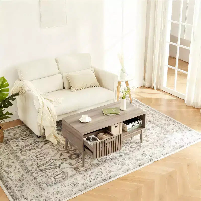 39.4 Tavolino da Salotto Modern Farmhouse C Legno Naturale, Design Rustico Scanalato in MDF con Ripiano Aperto e Cassetto C Perfetto per il Soggiorno (Confezione da 1)