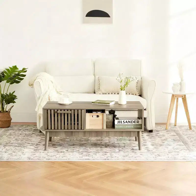 39.4 Tavolino da Salotto Modern Farmhouse C Legno Naturale, Design Rustico Scanalato in MDF con Ripiano Aperto e Cassetto C Perfetto per il Soggiorno (Confezione da 1)