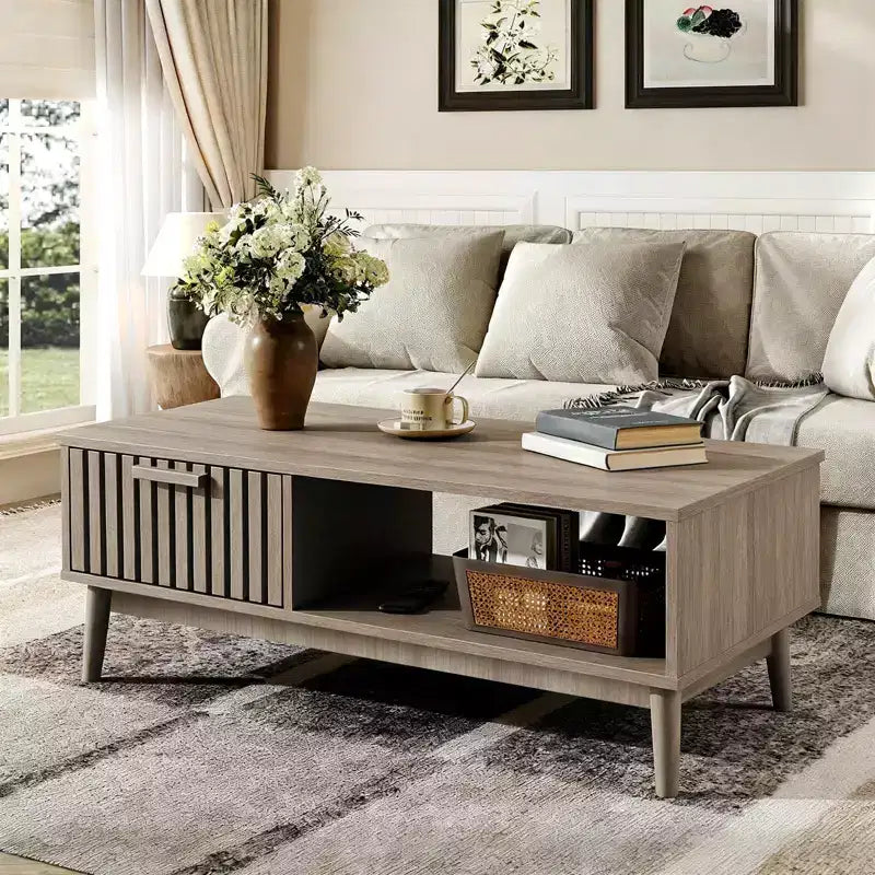 39.4 Tavolino da Salotto Modern Farmhouse C Legno Naturale, Design Rustico Scanalato in MDF con Ripiano Aperto e Cassetto C Perfetto per il Soggiorno (Confezione da 1)