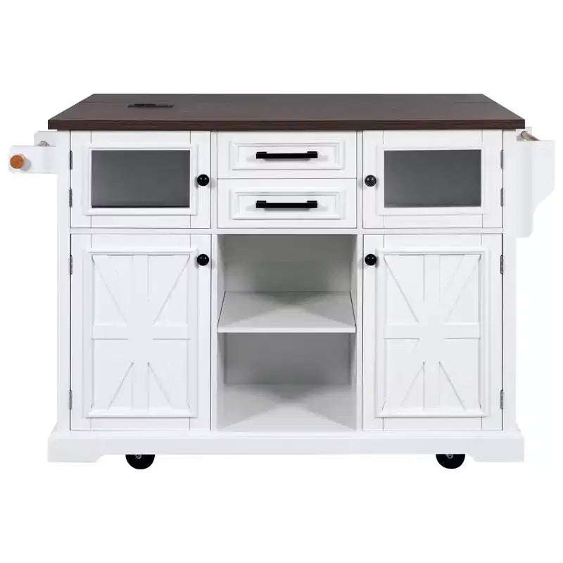 sumyeg 54.9 Kitchen Island with Drop Leaf, Power Outlet, Storage Cart with Glass & Barn Doors, 4 Shelves&Wheels (No Stools)