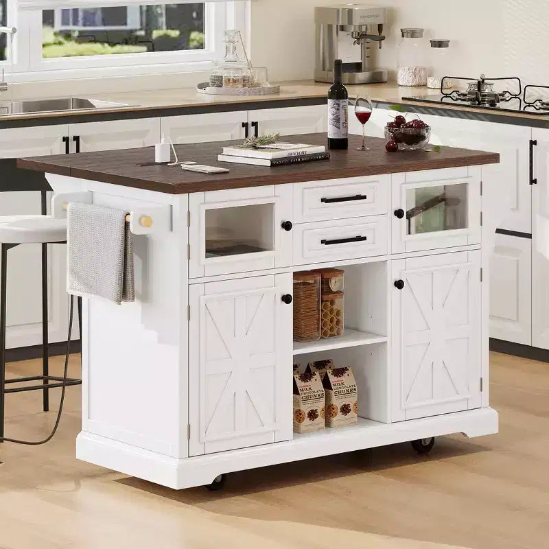 Isola da Cucina sumyeg 54.9 con Piano Ribaltabile, Presa Elettrica, Carrello Contenitore con Ante in Vetro e a Battente, 4 Ripiani e Ruote (Senza Sgabelli)