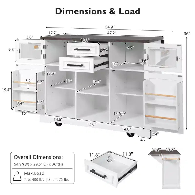 Isola da Cucina sumyeg 54.9 con Piano Ribaltabile, Presa Elettrica, Carrello Contenitore con Ante in Vetro e a Battente, 4 Ripiani e Ruote (Senza Sgabelli)