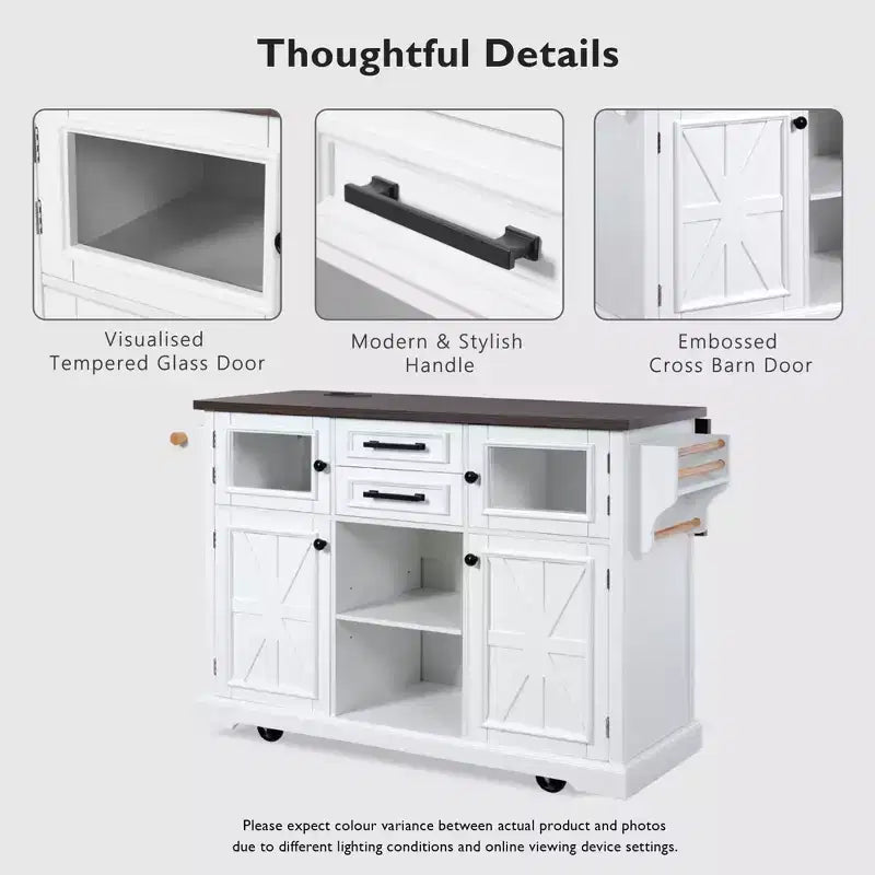 Isola da Cucina sumyeg 54.9 con Piano Ribaltabile, Presa Elettrica, Carrello Contenitore con Ante in Vetro e a Battente, 4 Ripiani e Ruote (Senza Sgabelli)