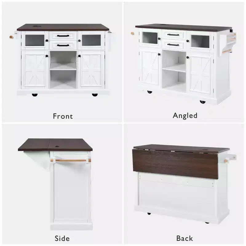 Isola da Cucina sumyeg 54.9 con Piano Ribaltabile, Presa Elettrica, Carrello Contenitore con Ante in Vetro e a Battente, 4 Ripiani e Ruote (Senza Sgabelli)