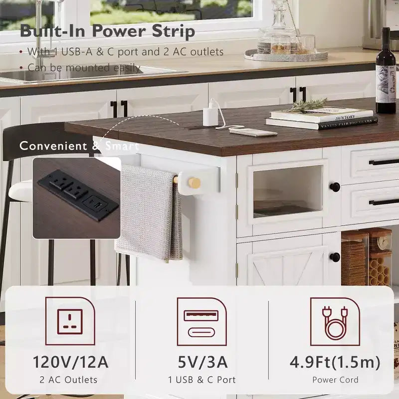 Isola da Cucina sumyeg 54.9 con Piano Ribaltabile, Presa Elettrica, Carrello Contenitore con Ante in Vetro e a Battente, 4 Ripiani e Ruote (Senza Sgabelli)