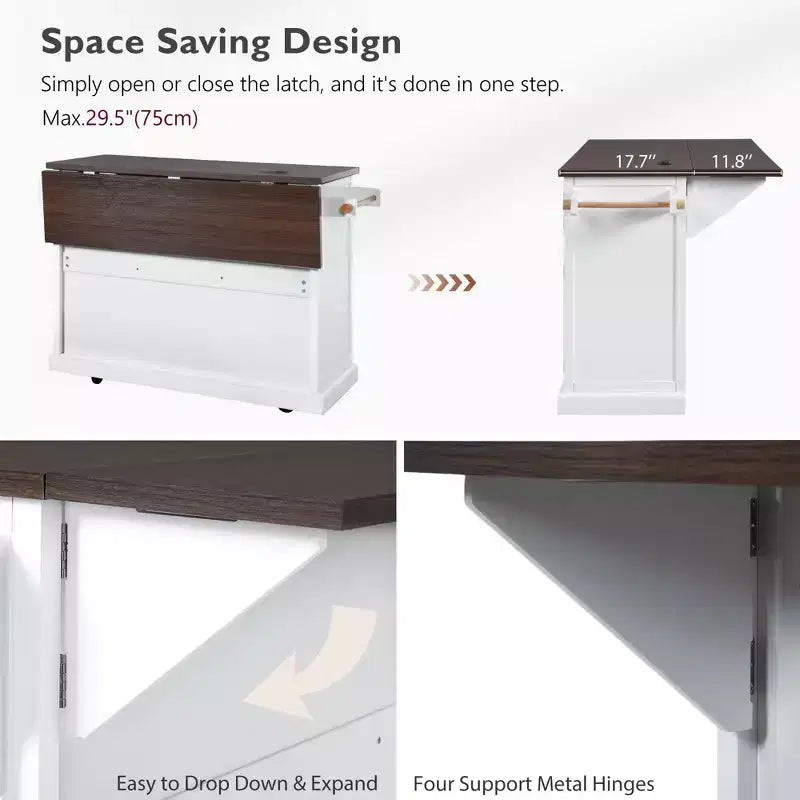 Isola da Cucina sumyeg 54.9 con Piano Ribaltabile, Presa Elettrica, Carrello Contenitore con Ante in Vetro e a Battente, 4 Ripiani e Ruote (Senza Sgabelli)