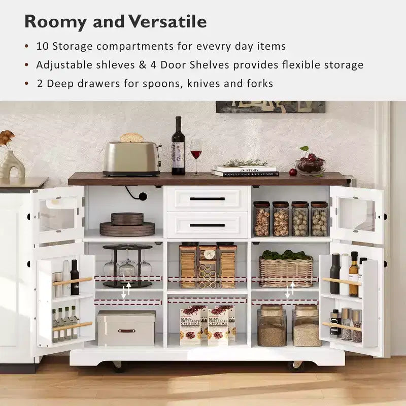Isola da Cucina sumyeg 54.9 con Piano Ribaltabile, Presa Elettrica, Carrello Contenitore con Ante in Vetro e a Battente, 4 Ripiani e Ruote (Senza Sgabelli)