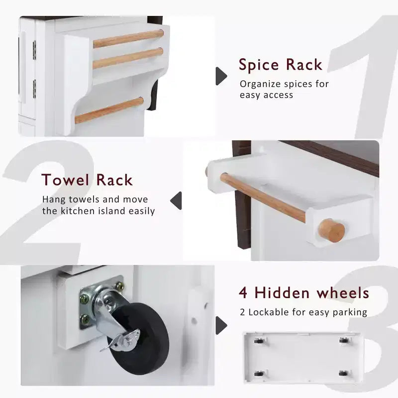 Isola da Cucina sumyeg 54.9 con Piano Ribaltabile, Presa Elettrica, Carrello Contenitore con Ante in Vetro e a Battente, 4 Ripiani e Ruote (Senza Sgabelli)