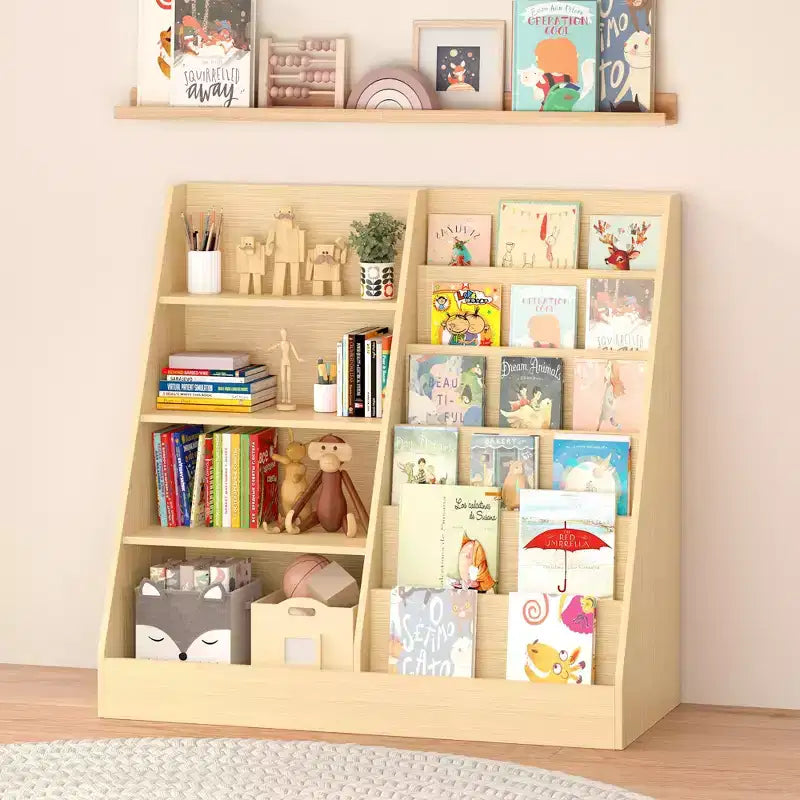 Libreria per bambini a 4 ripiani in legno con contenitore giocattoli, espositore libri frontale per cameretta, colore naturale
