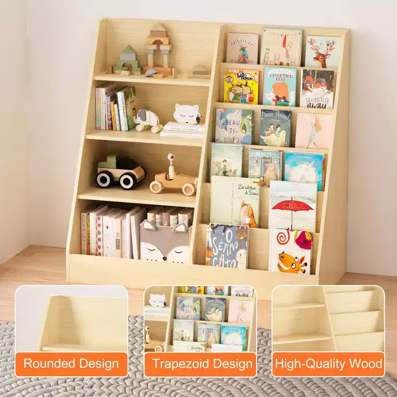 Libreria per bambini a 4 ripiani in legno con contenitore giocattoli, espositore libri frontale per cameretta, colore naturale