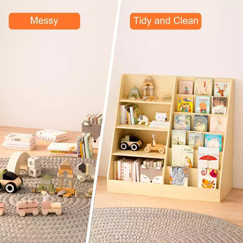 Libreria per bambini a 4 ripiani in legno con contenitore giocattoli, espositore libri frontale per cameretta, colore naturale