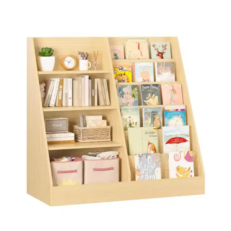 Libreria per bambini a 4 ripiani in legno con contenitore giocattoli, espositore libri frontale per cameretta, colore naturale