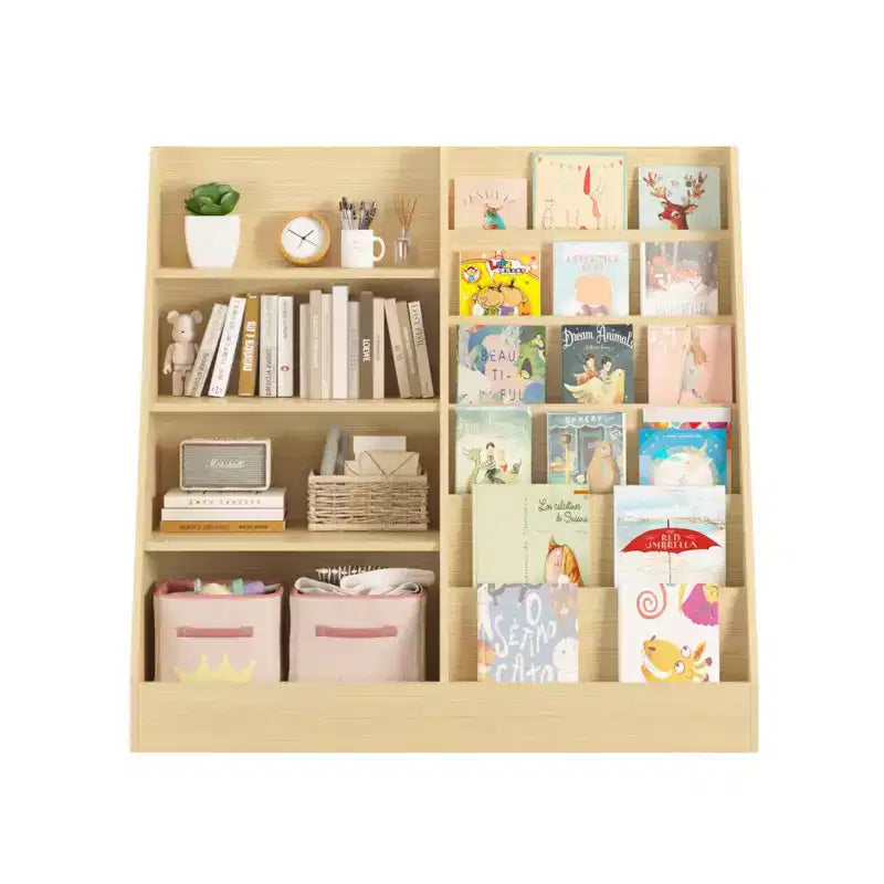 Libreria per bambini a 4 ripiani in legno con contenitore giocattoli, espositore libri frontale per cameretta, colore naturale