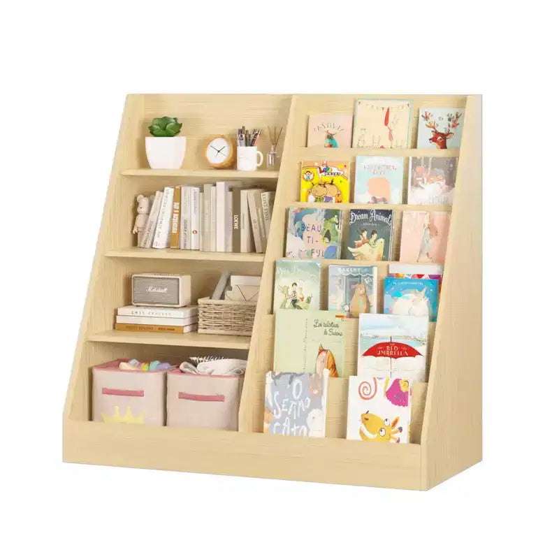 Libreria per bambini a 4 ripiani in legno con contenitore giocattoli, espositore libri frontale per cameretta, colore naturale