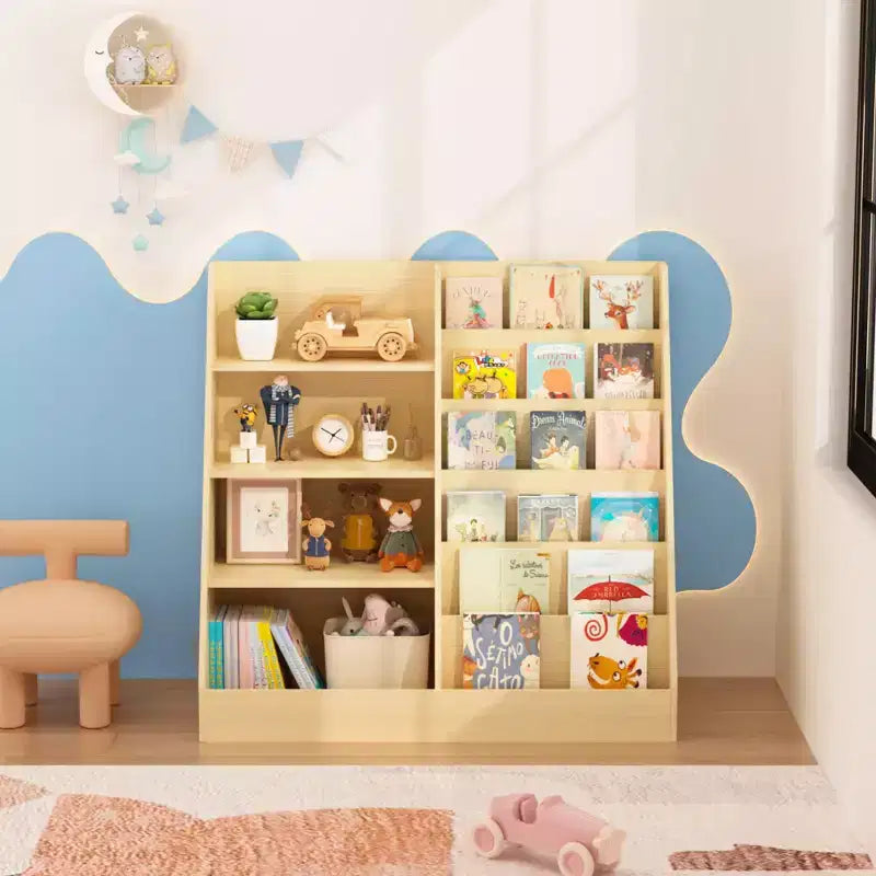 Libreria per bambini a 4 ripiani in legno con contenitore giocattoli, espositore libri frontale per cameretta, colore naturale