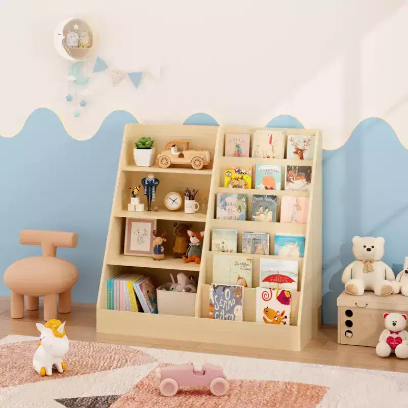 Libreria per bambini a 4 ripiani in legno con contenitore giocattoli, espositore libri frontale per cameretta, colore naturale