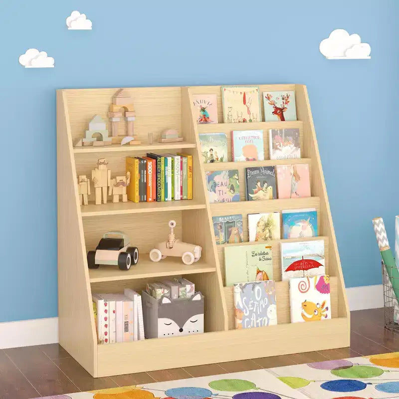 Libreria per bambini a 4 ripiani in legno con contenitore giocattoli, espositore libri frontale per cameretta, colore naturale
