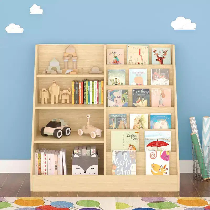 Libreria per bambini a 4 ripiani in legno con contenitore giocattoli, espositore libri frontale per cameretta, colore naturale