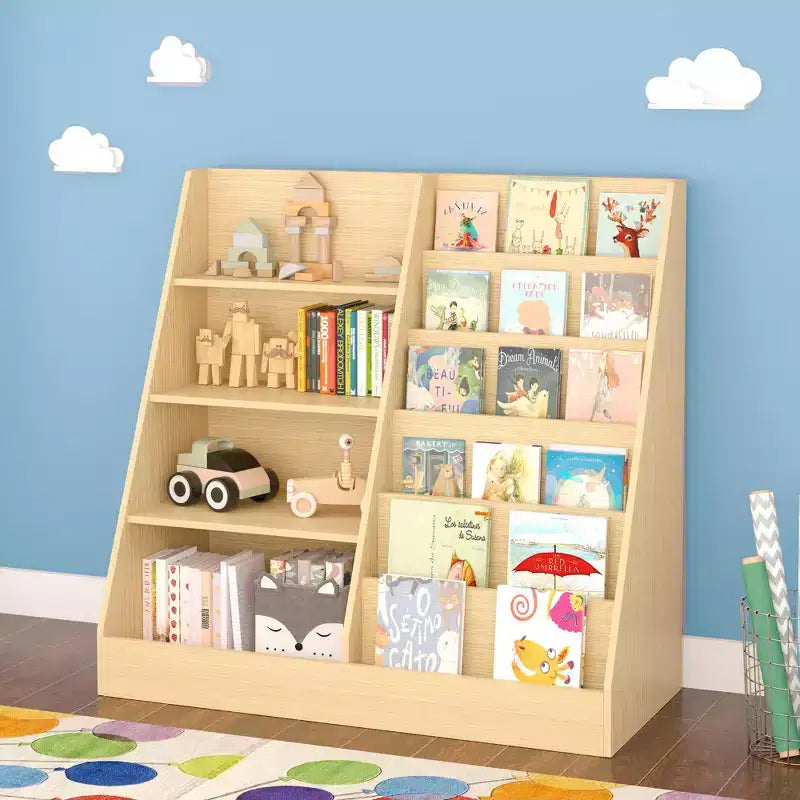 Libreria per bambini a 4 ripiani in legno con contenitore giocattoli, espositore libri frontale per cameretta, colore naturale