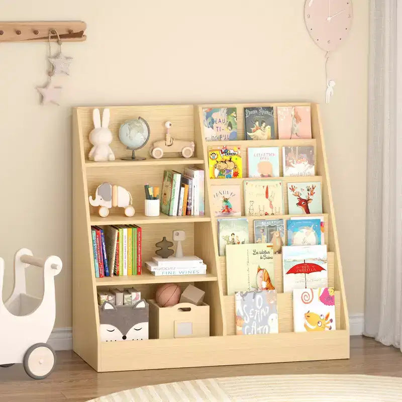 Libreria per bambini a 4 ripiani in legno con contenitore giocattoli, espositore libri frontale per cameretta, colore naturale