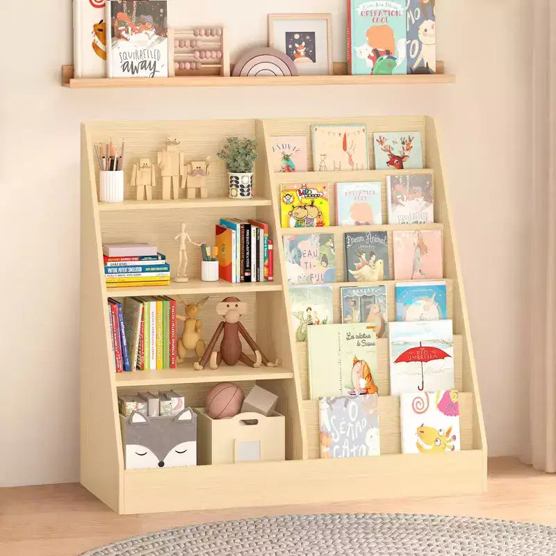 Libreria per bambini a 4 ripiani in legno con contenitore giocattoli, espositore libri frontale per cameretta, colore naturale