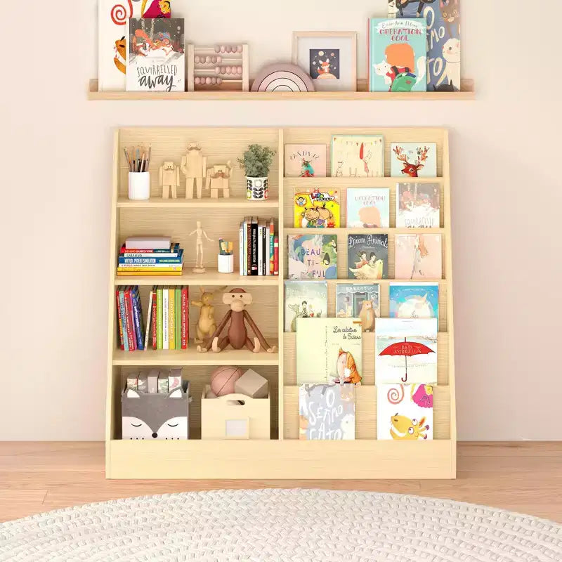 Libreria per bambini a 4 ripiani in legno con contenitore giocattoli, espositore libri frontale per cameretta, colore naturale