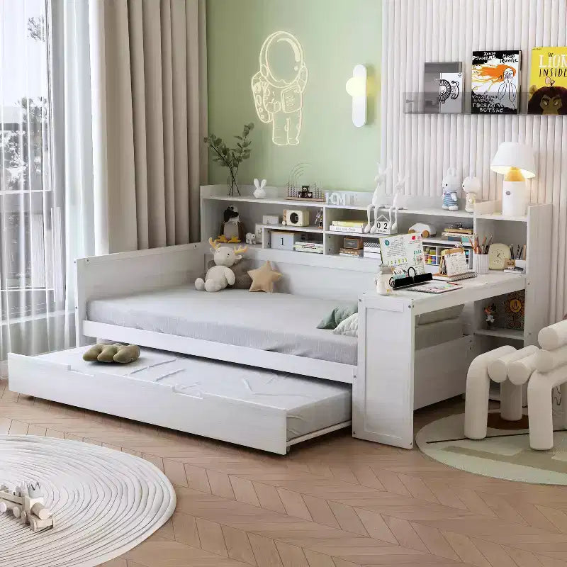 Letto matrimoniale MAYEERTY con ripiani e letto estraibile, scrivania, multifunzionale, per camera da letto, bianco antico