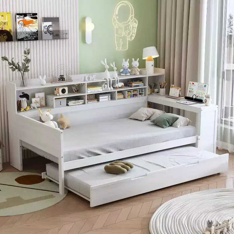 Letto matrimoniale MAYEERTY con ripiani e letto estraibile, scrivania, multifunzionale, per camera da letto, bianco antico