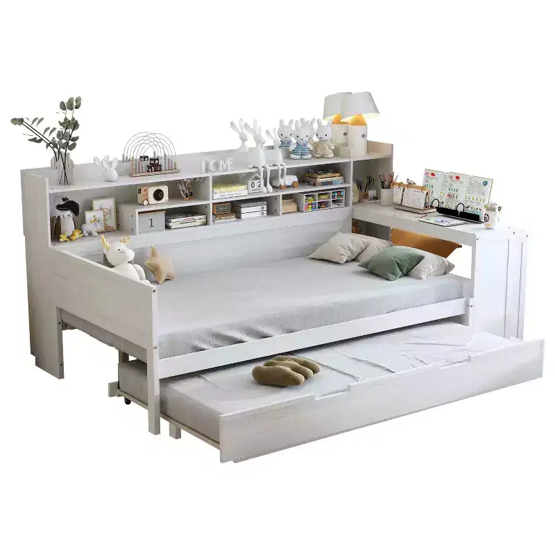 Letto matrimoniale MAYEERTY con ripiani e letto estraibile, scrivania, multifunzionale, per camera da letto, bianco antico