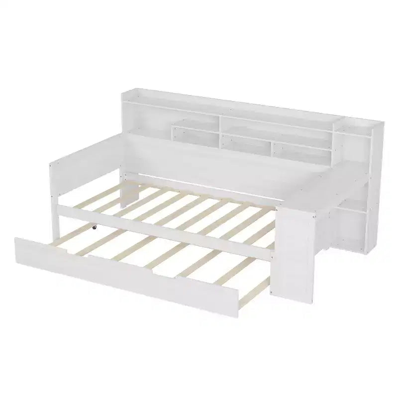 Letto matrimoniale MAYEERTY con ripiani e letto estraibile, scrivania, multifunzionale, per camera da letto, bianco antico
