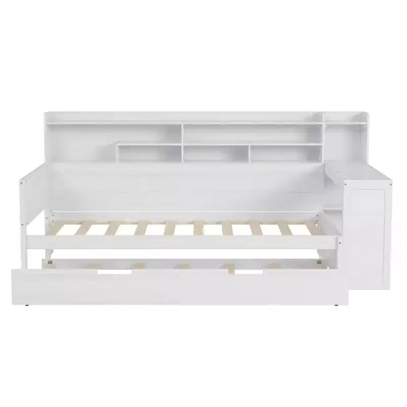 Letto matrimoniale MAYEERTY con ripiani e letto estraibile, scrivania, multifunzionale, per camera da letto, bianco antico