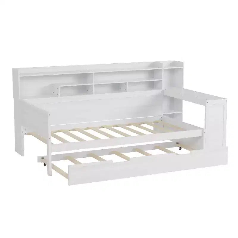 Letto matrimoniale MAYEERTY con ripiani e letto estraibile, scrivania, multifunzionale, per camera da letto, bianco antico