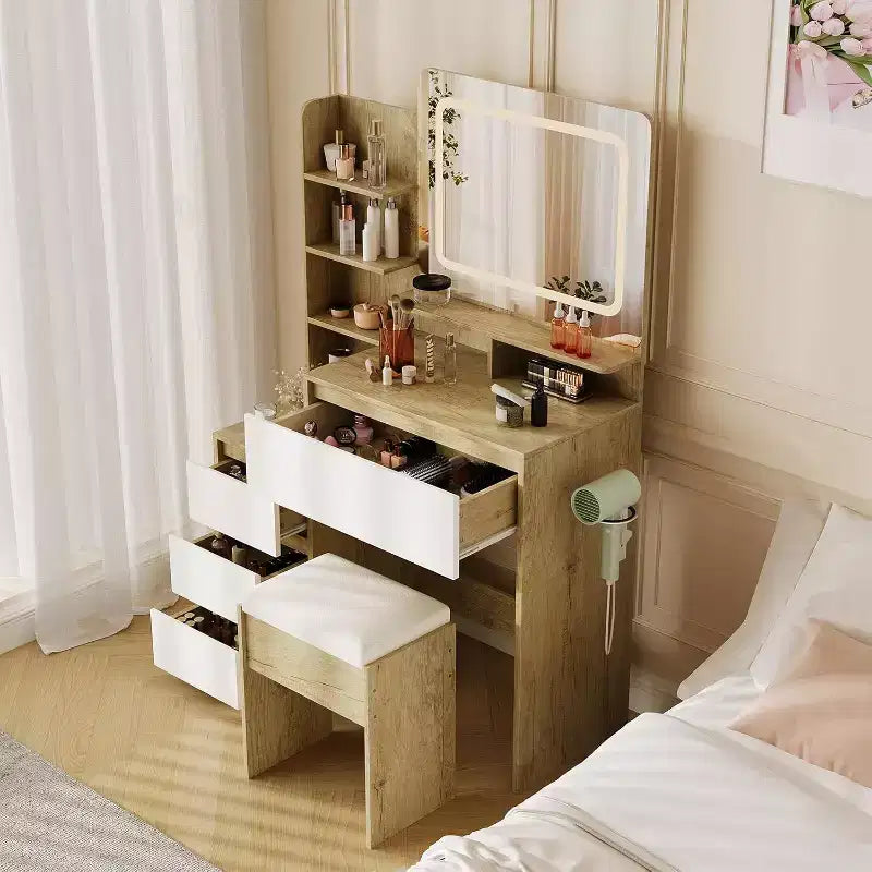 Toeletta da trucco con specchio e luci con cassetti, sgabello, tavolo da trucco per camera da letto, donna