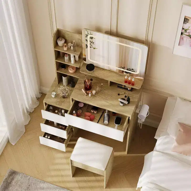 Toeletta da trucco con specchio e luci con cassetti, sgabello, tavolo da trucco per camera da letto, donna