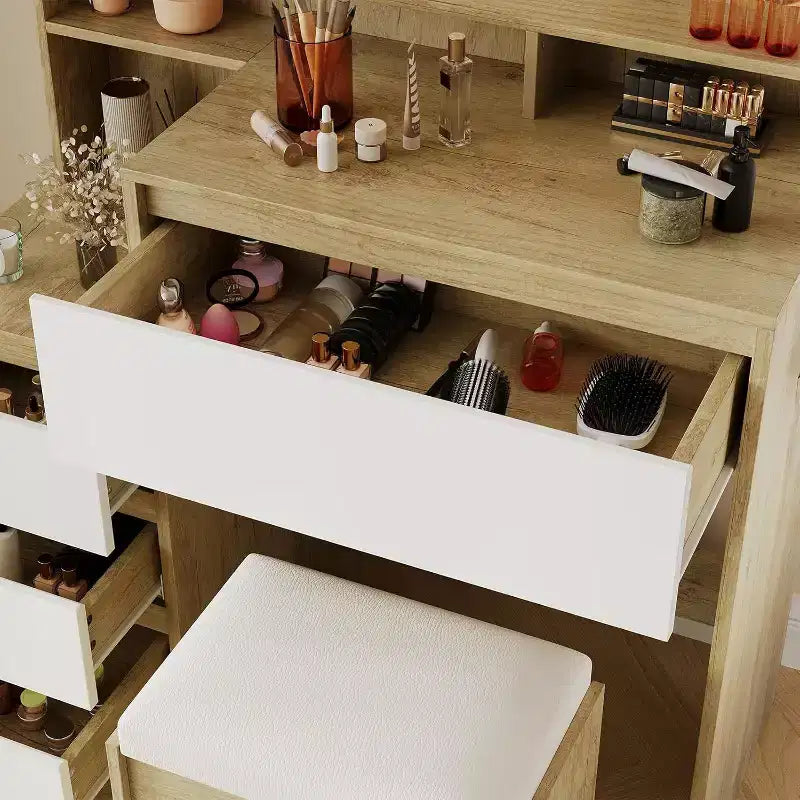 Toeletta da trucco con specchio e luci con cassetti, sgabello, tavolo da trucco per camera da letto, donna