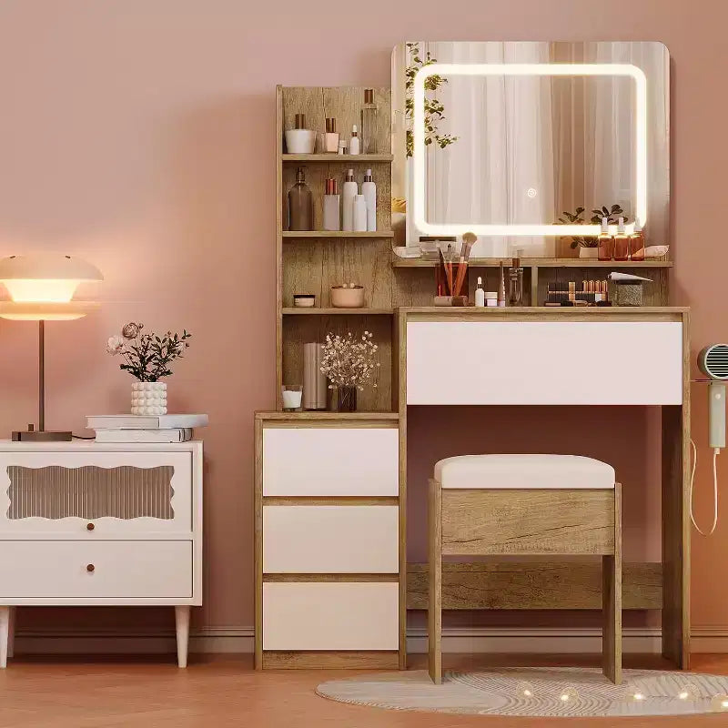 Toeletta da trucco con specchio e luci con cassetti, sgabello, tavolo da trucco per camera da letto, donna