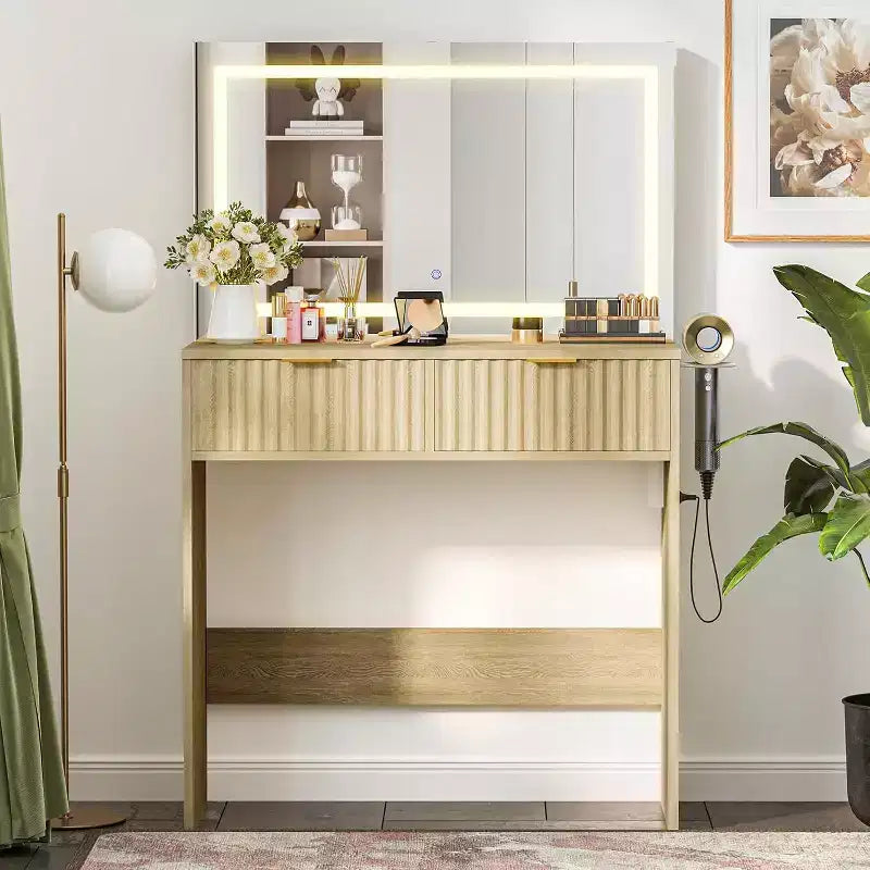 Toeletta scanalata con specchio grande, mobile da trucco con 2 cassetti, tavolo da trucco per camera da letto