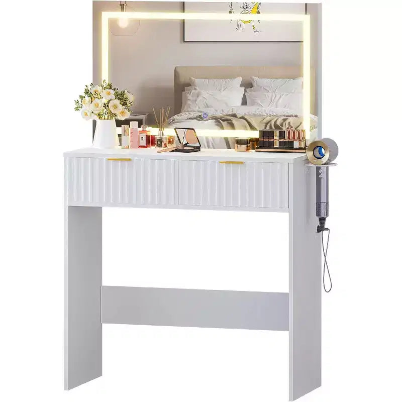 Toeletta scanalata con specchio grande, mobile da trucco con 2 cassetti, tavolo da trucco per camera da letto